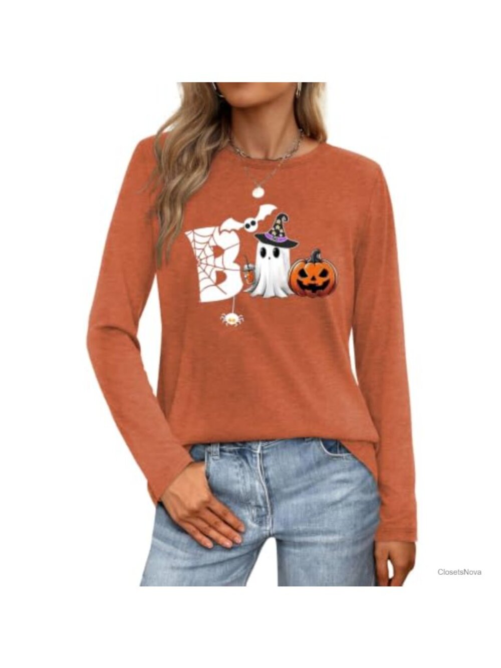 Women's Long Sleeve Halloween Ghost Pumpkin Top Crew Neck Fall T-Shirt